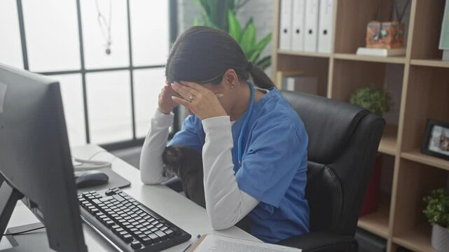 A stressed woman vet in scrubs with a dog sits at a desk inside a clinic, expressing exhaustion.