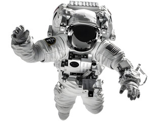 Astronaut in space suit soaring through the cosmos isolated on white background