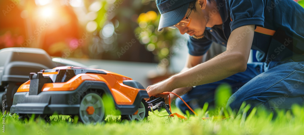 Poster technician utilizing diagnostic tools for robotic lawnmower maintenance in workshop setting