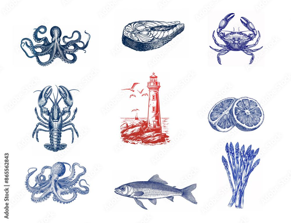 Poster a collection of blue and red drawings of various sea creatures and a lighthouse. the drawings are of