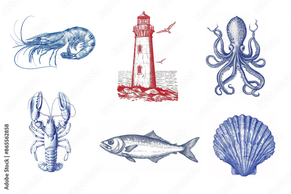 Poster a series of ocean creatures and a lighthouse are depicted in a blue and red color scheme. concept of