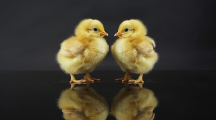 Adorable small chick standing on mirrored surface, creating a charming reflection effect