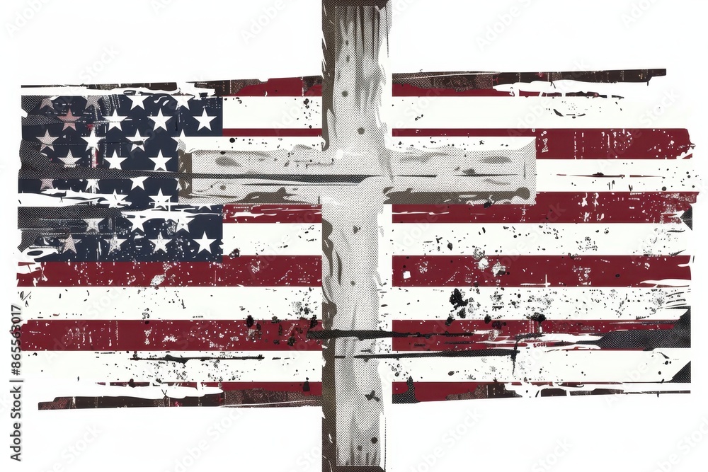 Wall mural logo, american flag cross, distressed vintage style design on white background generative ai - Wall murals
