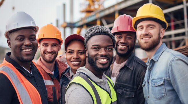 A group of diverse construction workers in hard hats and safety vests, standing together and smiling warmly, with a construction site in the background.