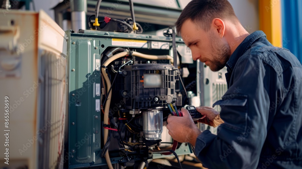 Poster technician conducting routine maintenance on gasoline generator for optimal performance