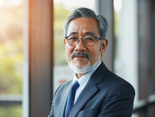 Fototapeta premium Senior Mature Asian businessman in formal wear portrait of confident businessman in office professional business attire, emphasizing confidence and success