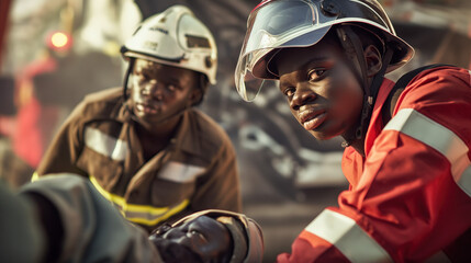 Obraz premium Young African American firefighter in full gear looking focused and prepared at a busy emergency scene