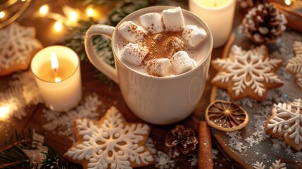White Cup of hot cocoa with cinnamon and marshmallows cookies pine branch candles pine cone dried orange slice snowflakes and lights