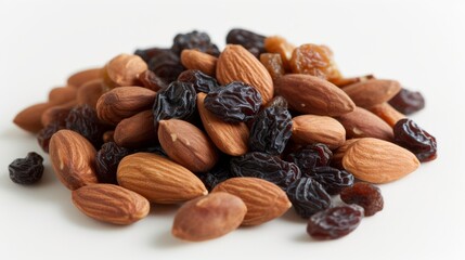 Small pile of brown almonds and brown raisins, placed on a smooth white surface