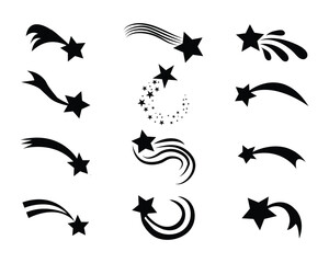 Shooting stars icon vector set. Shooting star silhouette. Black space comet with trail. Abstract cosmos. Vector illustration. © Crystal