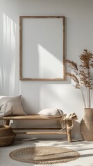 Mock up frame in home interior background, white room with natural wooden furniture