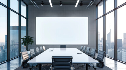 Corporate Boardroom with Large Screen and City Skyline View