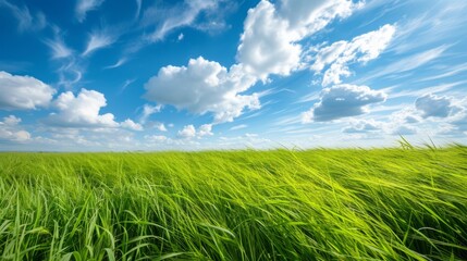 Obraz premium Green wheatgrass swaying in the wind, with the movement creating a dynamic and natural scene