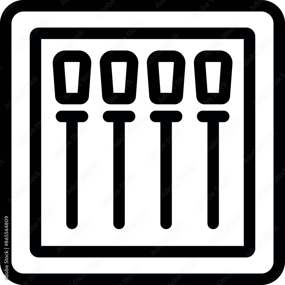 Poster simple black and white icon of an audio control panel with four faders, perfect for representing mus