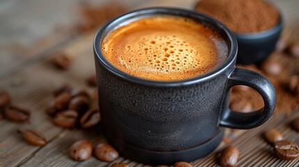Close-Up of Frothy Espresso in Black Coffee Mug