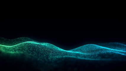 Wave of particles and lines. Big data visualization. Abstract color background with a dynamic wave. 3d rendering.