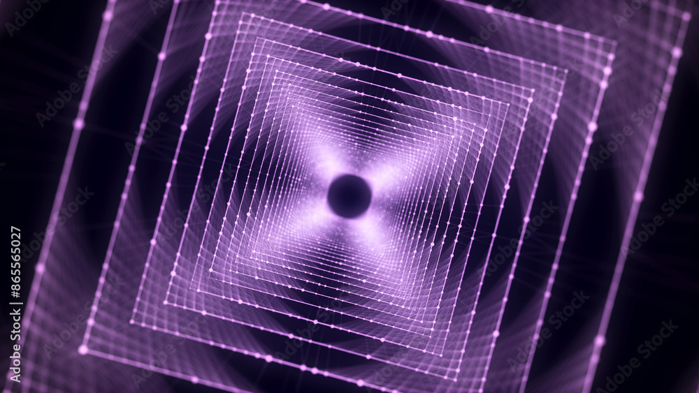 Poster Abstract 3d portal. Square tunnel or wormhole. Digital background with connected blue dots. 3d rendering.