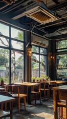 Air Conditioning Unit in Trendy Coffee Shop with Chic Decor, Wooden Tables, and Large Windows
