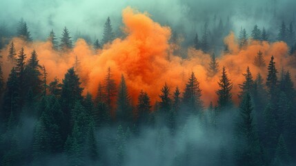 Vibrant orange smoke amidst misty forest landscape, dynamic and captivating.