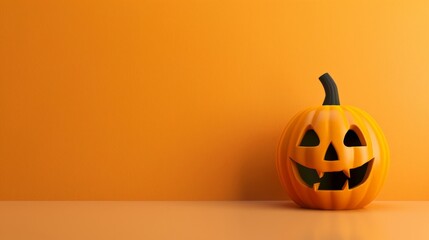 Vibrant Orange Autumn Background with Smiling Jack-O'-Lantern for Halloween Celebration, banner, copy space
