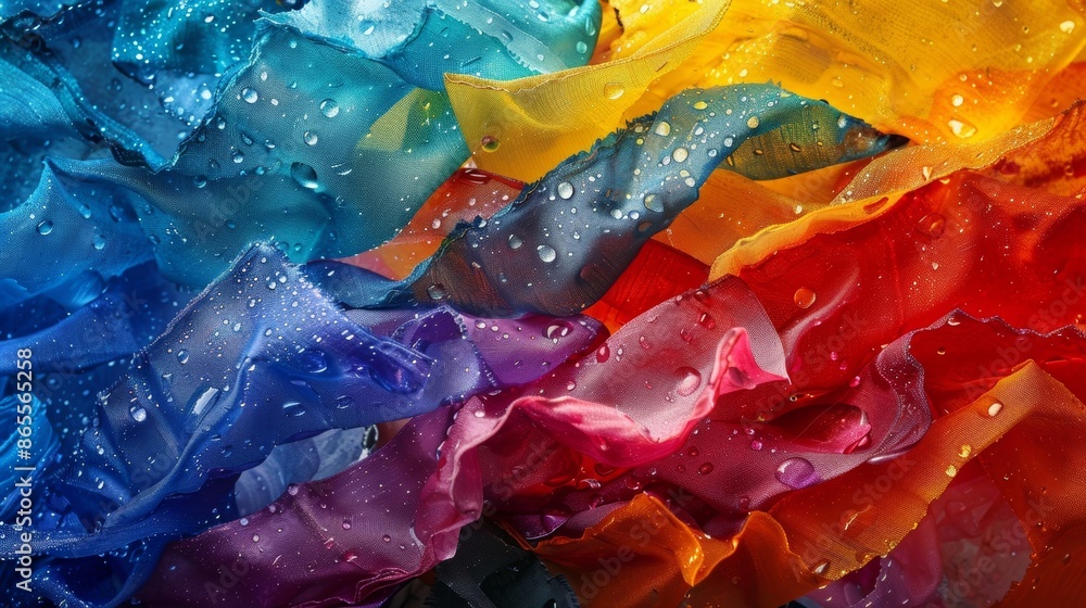 Poster a rainbow of cloth scraps tumbles chaotically in the midst of a monsoon storm their patterns and col