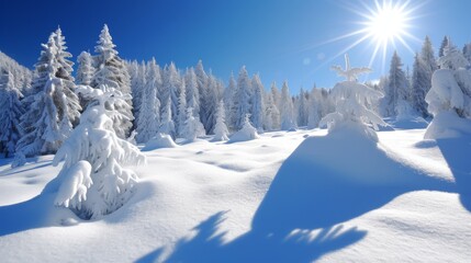 Obraz premium Landscape covered in a large amount of freshly fallen snow on a bright sunny day