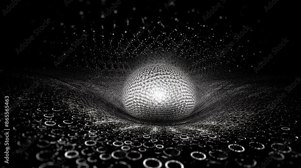 Poster Abstract dark background with light fractal ornament of moody web and particles.