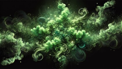 Green Smoke Tendrils with Sparkles Black Background in Wide Screen