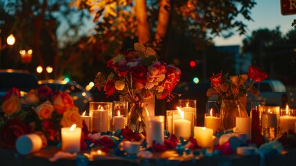 A memorial site with lit candles and flowers arranged in a circle on a table at night. The scene is dimly lit, with the glow of the candles illuminating the surroundings.