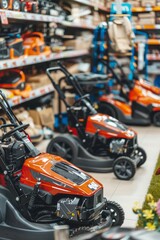 Lawn Mowers with Interchangeable Blades and Accessories in Home Improvement Store Display