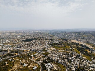 Aerial view of the Mount of Olives with the Judean Desert in the background in Israel