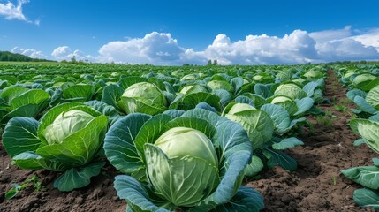 Field with rows of lush white cabbage plants growing in the soil