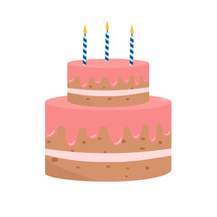 Strawberry cake with candles. Birthday cake, pink color. Glazing, cream, sweet food, dessert. Vector isolated on white background