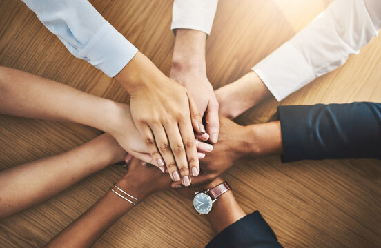 Office, people and hand stack in meeting, teamwork and agreement of merger of company and unity. Thank you, support in deal and coalition for politics in Germany, government and partnership of group