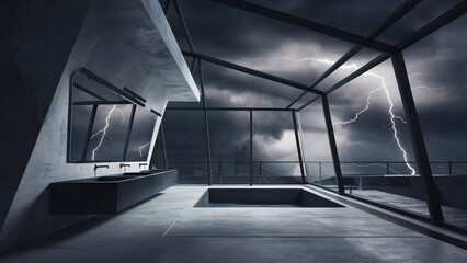 Brutalist interior design. 3D rendering of a modern bathroom with a panoramic window