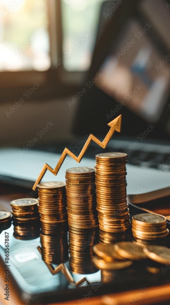 Poster stacked coins with upward arrow graph representing financial growth. concept of investment and busin