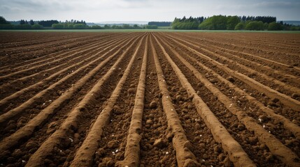 Freshly plowed field, with rich, dark soil showing deep furrows and a ready-to-plant texture