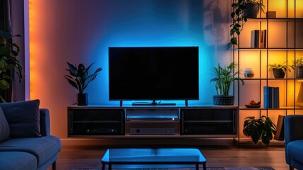 Modern Living Room with TV Unit and Illuminated Shelves
