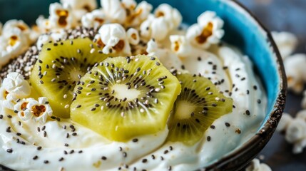 Bowl of creamy yogurt topped with slices of ripe yellow kiwi, sprinkled with chia seeds and garnished with a few pieces of popcorn