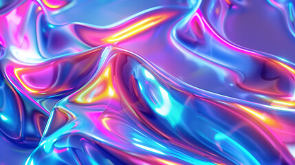 Naklejka premium 3D render of an abstract background with holographic waves and wavy liquid shapes in neon colors