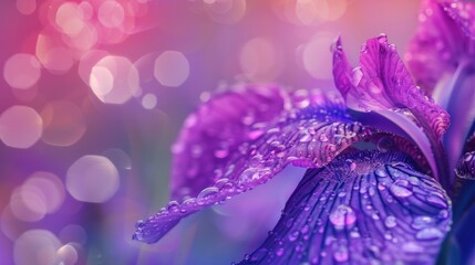 Close up of purple iris flowers with dew drops against blurred background