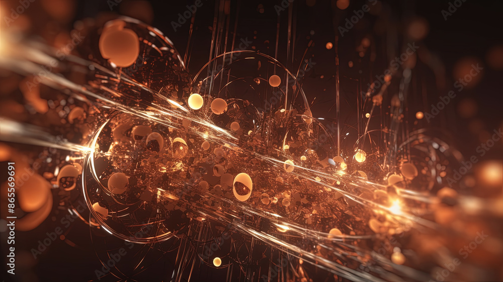 Poster Abstract burst of wires and particles on technology background. Scientific abstraction with mess of microscopic connections.