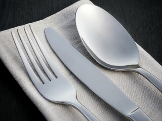 Minimalist silverware: close-up of a fork, knife, and spoon on a folded napkin