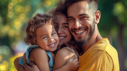 Naklejka premium A happy family shares a joyful moment outdoors.