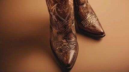 Women s brown snakeskin cowboy boots on isolated background Snake ankle boots pattern close up Fashionable casual female footwear with brown snake print Copy space