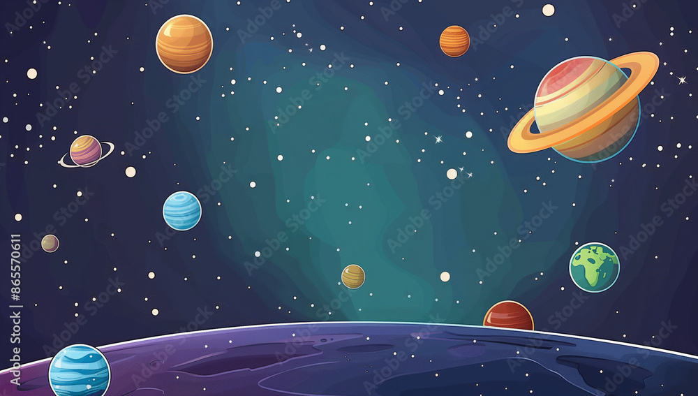 Wall mural sims style background of space with planets and stars, purple blue green gradient color, planets in 