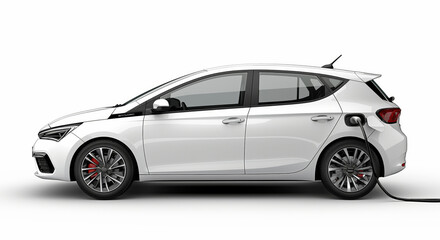 Obraz premium A contemporary white hatchback electric car plugged into a charger, embodying the trend towards electric mobility