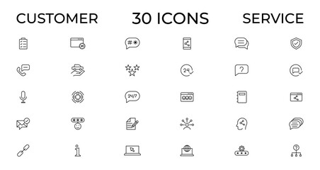 Customer service icon set. Containing customer satisfied, assistance, experience, feedback, operator and technical support icons. Thin outline icons pack.