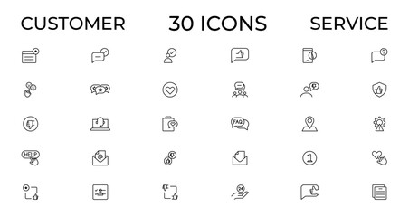 Customer service icon set. Containing customer satisfied, assistance, experience, feedback, operator and technical support icons. Thin outline icons pack.