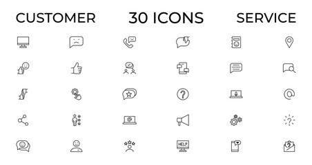 Customer service icon set. Containing customer satisfied, assistance, experience, feedback, operator and technical support icons. Thin outline icons pack.